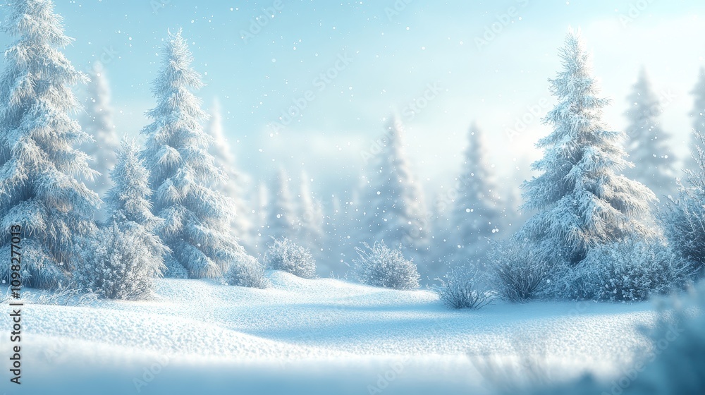 Fototapeta premium Dreamy Snow-Covered Pine Trees in Soft Focus, Capturing a Serene Winter Landscape with Gentle Snowfall and a Tranquil Background