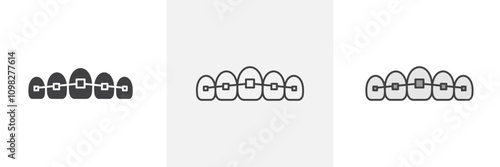 Teeth with braces icon collection in black and white and colored style