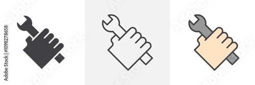 Spanner in hand icon collection in black and white and colored style