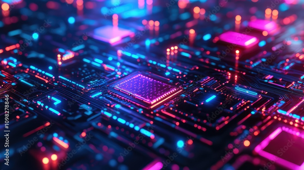 Obraz premium High-tech data circuitry in vivid neon tones, arranged in symmetrical patterns on a metallic black surface