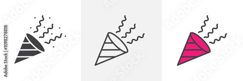 Confetti popper icon collection in black and white and colored style