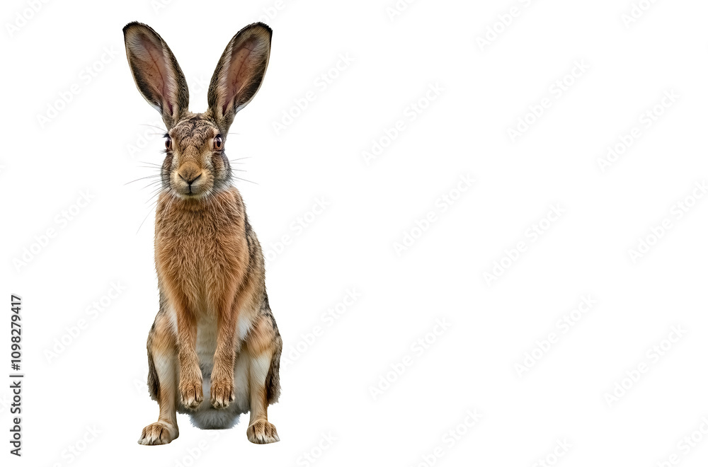 Obraz premium Brown hare standing upright isolated on white.
