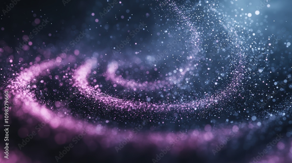 Obraz premium A swirling pattern of shimmering particles in shades of purple against a dark background, evoking a sense of cosmic beauty and mystery.