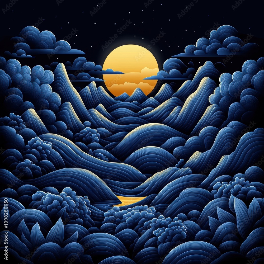 Obraz premium A serene landscape featuring rolling hills and a large, bright moon over a dark, starry sky, creating a tranquil and mystical atmosphere.