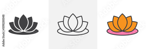 Water lily icon collection in black and white and colored style