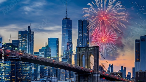 A National Holiday Fireworks over Lower Manhattan, Brooklyn Bridge in New York City. NYC, USA.