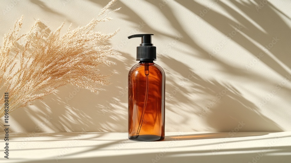 Fototapeta premium Amber glass bottle with pump dispenser on white background with dried pampas grass and shadows.