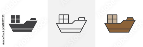 Cargo ship icon collection in black and white and colored style