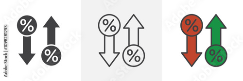 High and Low Percent arrow icon collection in black and white and colored style