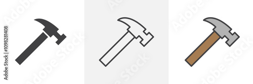 Hammer icon collection in black and white and colored style