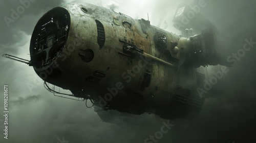 Fototapeta Naklejka Na Ścianę i Meble -  A weathered, futuristic spacecraft hangs suspended in a dark, stormy sky.
