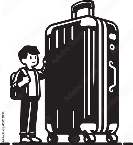 Preparing for a trip with a large suitcase. A black and white illustration depicts of standing next to a large, wheeled suitcase.