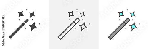 Magic wand icon collection in black and white and colored style