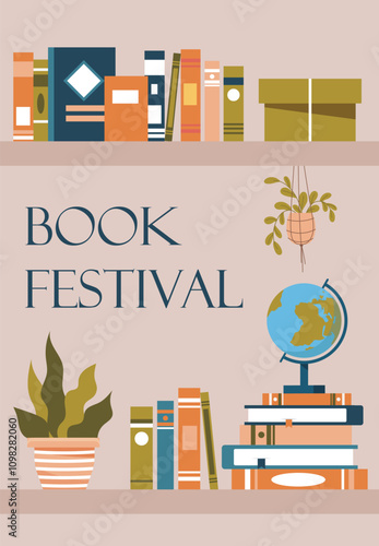 Book festival poster. Education and learning. Textbooks at shelves. Knowledge, love for literature and reading. International holiday and festival 6 December. Flat vector illustration