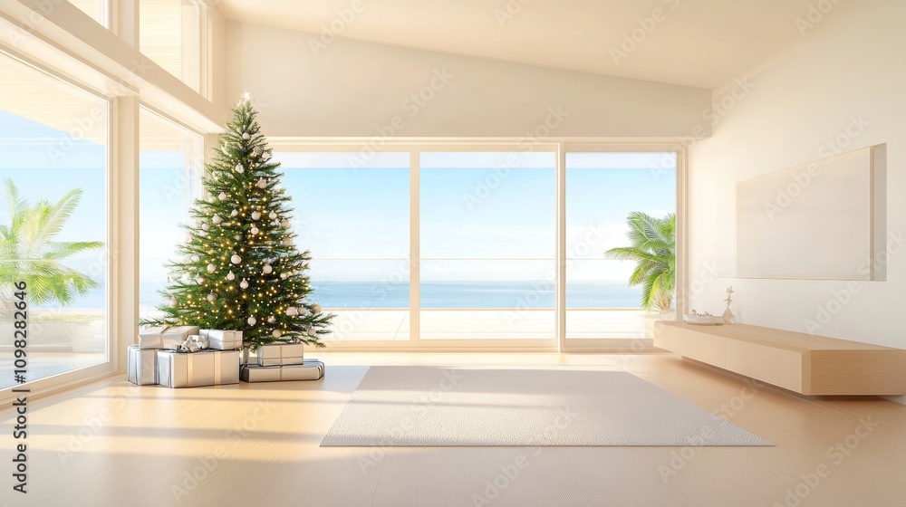 Fototapeta premium Christmas Tree in Modern Beach House Interior