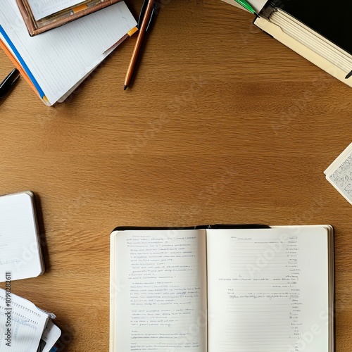 a student desk top view with empty space in the cneter, some textbooks and pens scartted around, texture deetailed randering generative ai photo