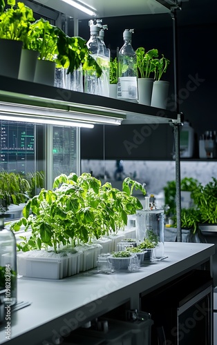 A clean, advanced research lab exploring Wolffia s potential in food science, with screens displaying data on growth rates, nutritional values, and ecological impact photo