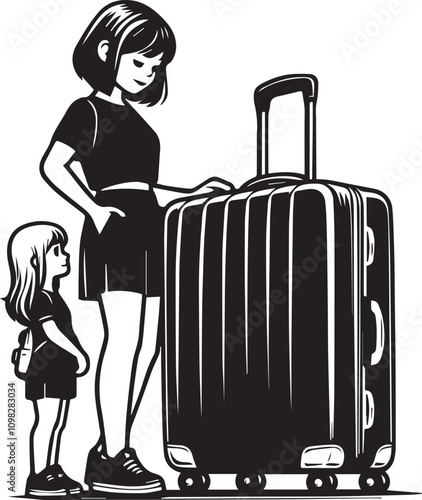 Preparing for a trip with a large suitcase. A black and white illustration depicts of standing next to a large, wheeled suitcase.