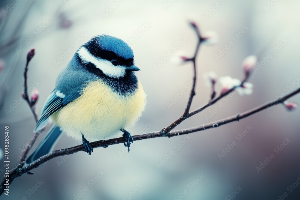 Obraz premium A charming bluebird perched gracefully on a branch amidst delicate blossoms.