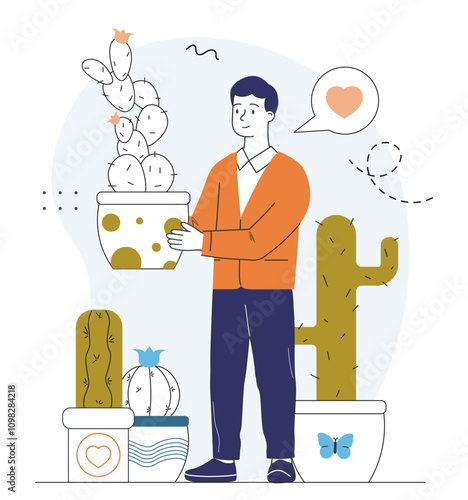 Cactus lover man. Young guy with plant in flower pot. Botany, gardening and horticulture. Comfort and coziness. Hobby and leisure. Linear vector illustration isolated on white background