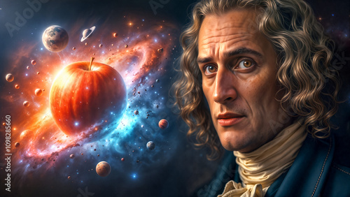 Isaac Newton, portrait of famous polymath with cosmic setting, glowing apple surrounded by planets, symbolizing Newton's revolutionary impact on physics, laws of motion and universal gravitation