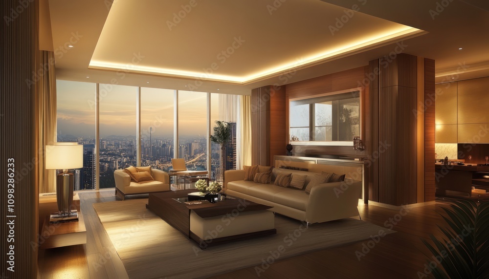 Fototapeta premium Modern living room with city skyline view at dusk