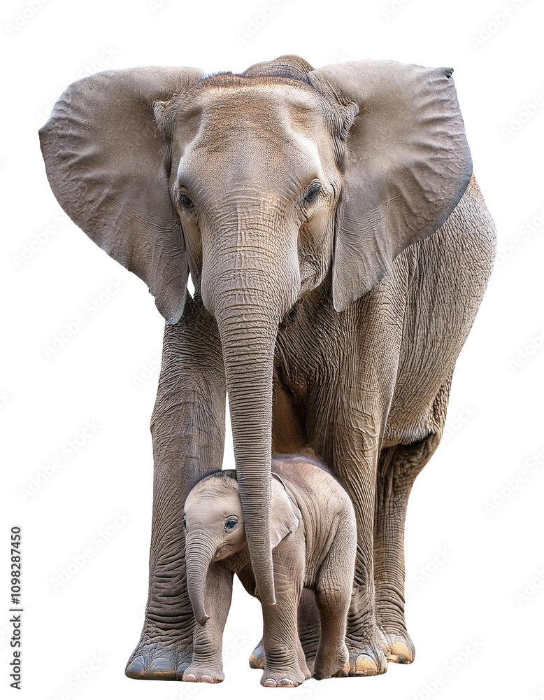 Naklejka premium Mother Elephant with Her Baby Walking Through the Savannah