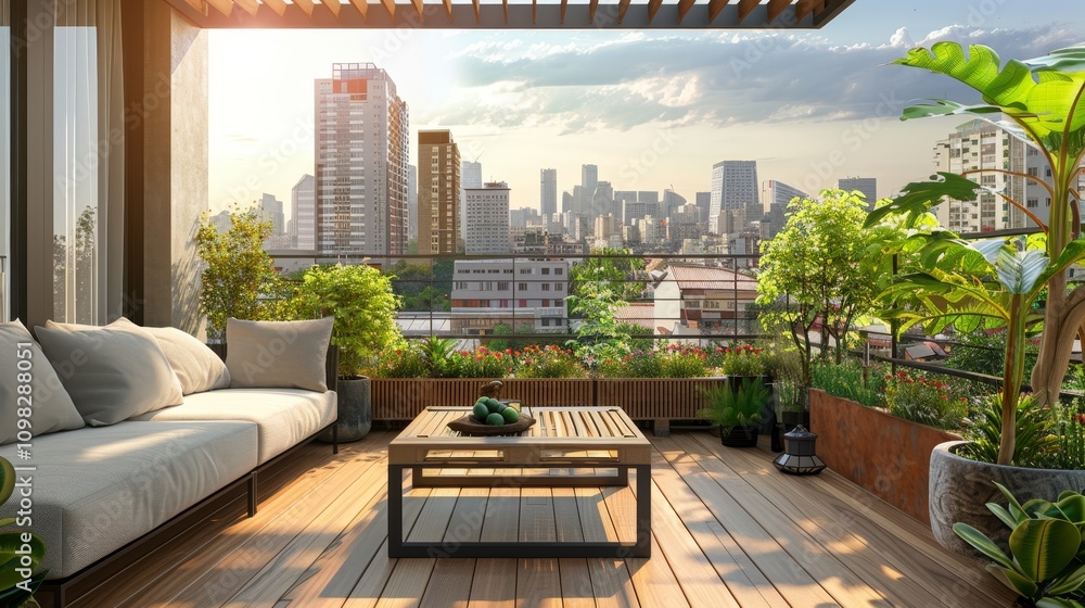 Fototapeta premium Charming terrace with rustic decor and hardwood floors overlooking a bustling cityscape