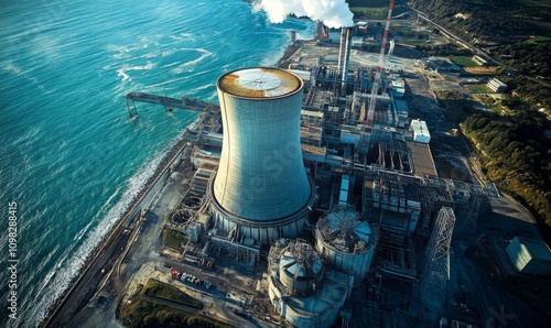 A detailed aerial view of the EPR reactor and nuclear power plant in Flamanville, France