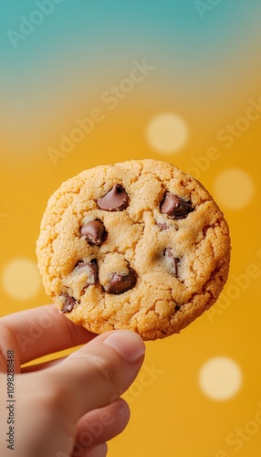 A hand holding a delicious chocolate chip cookie against a vibrant, colorful background. photo