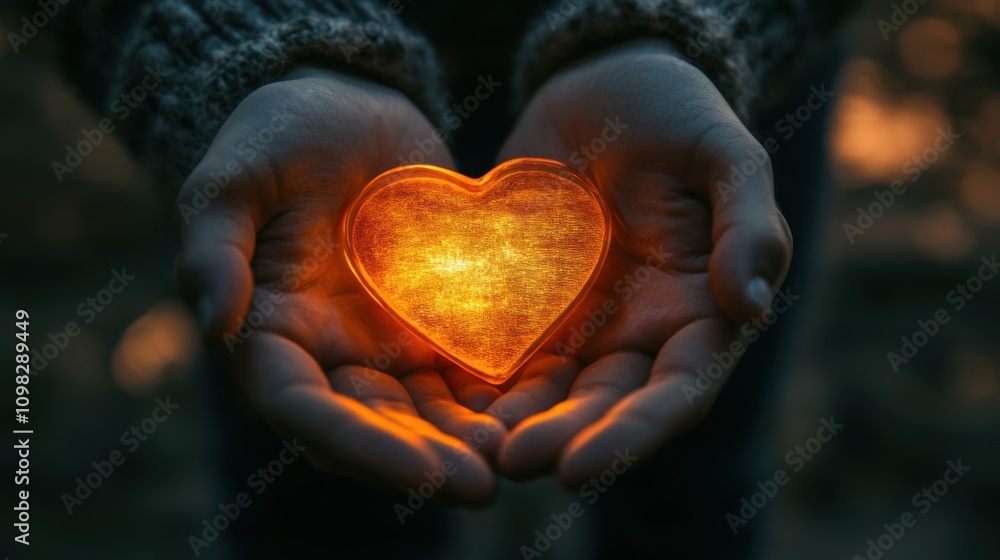 Fototapeta premium Glowing Heart Held in Hands, Symbol of Love, Care, and Warmth