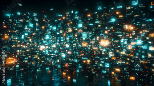 Wallpaper Mural Abstract digital data stream, glowing squares, futuristic technology background. Torontodigital.ca