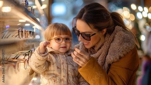 Mother and Toddler Daughter Choosing Eyeglasses at Opticians