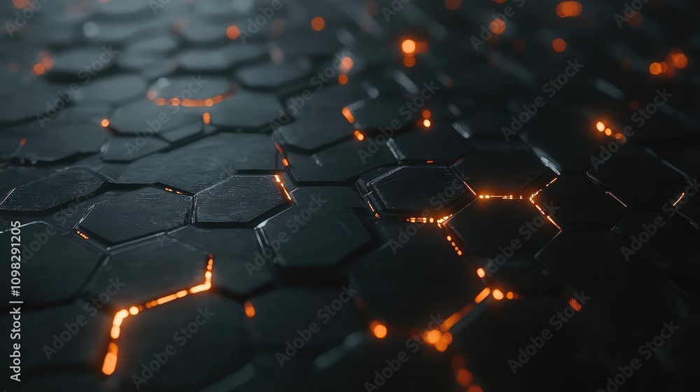 Fototapeta premium Dark futuristic hexagonal grid, illuminated by glowing nodes, creating a networked data effect