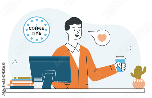 Man with coffee time. Young guy sits near laptop with mug of hot drink. Employee and worker at coffee break. Cappuccino and mochaccino. Linear vector illustration