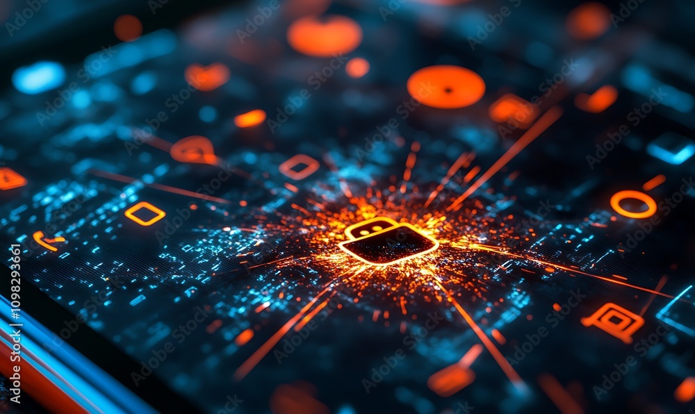 Obraz premium A close-up of a smartphone screen displaying digital connections and a central chip.