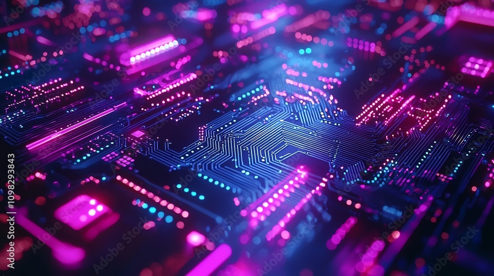 Fototapeta premium Glowing Digital Tech Abstract Background with Sleek Illuminated Circuits Futuristic and Spacious Design with Blue and Violet Glowing Lines and Minimalist Geometric Shapes