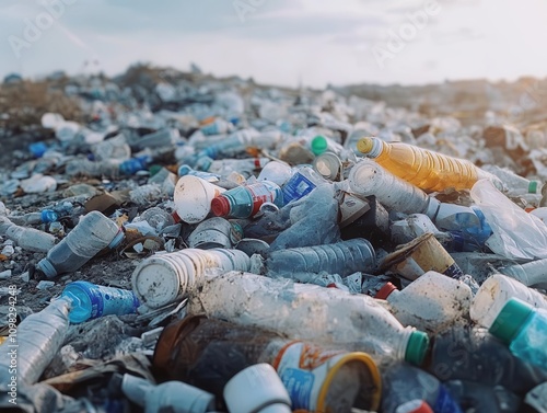 close-up view of a chaotic pile of plastic bottles, cups, and recyclables discarded in a landfill, highlighting the pressing issue of waste management and recycling