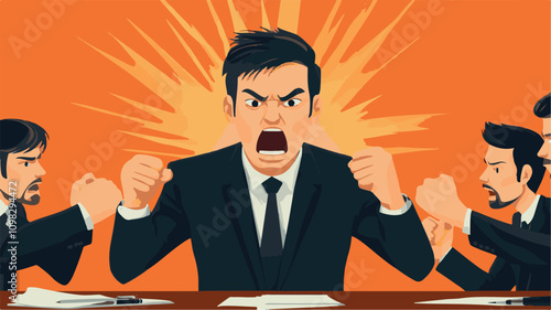 Angry Office Man Navigating Workplace Stress and Managing Emotions Vector flat cartoon 
Art & Illustration