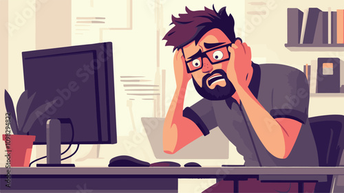 Angry Office Man Navigating Workplace Stress and Managing Emotions Vector flat cartoon 
Art & Illustration