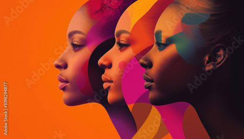 Diversity, silhouette of a multicultural female profile. Embrace equity. Concept illustration. Co-workers. Harmony.  photo