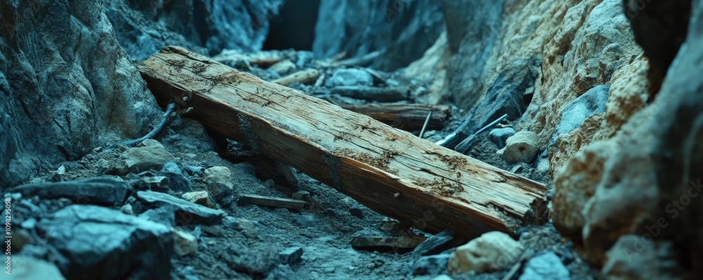 Fototapeta premium A weathered wooden plank rests among rocks in a serene natural landscape.
