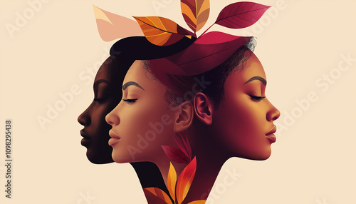 Diversity, silhouette of a multicultural female profile. Embrace equity. Concept illustration. Beautiful woman. Harmony.  photo