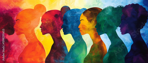 Diversity, silhouette of a multicultural female profile. Embrace equity. Concept illustration. Co-workers. Harmony.  photo