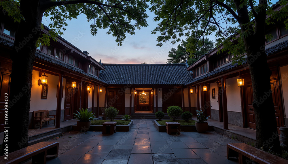 Fototapeta premium Traditional courtyard decorated for Chinese New Year celebration at twilight