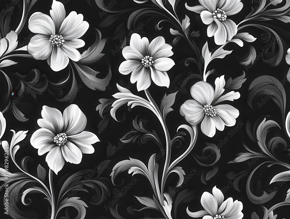 Obraz premium distinctive black and white floral patterns create an intricate design ideal for backgrounds. the high-resolution digital art showcases a modern aesthetic, emphasizing elegance and creativity