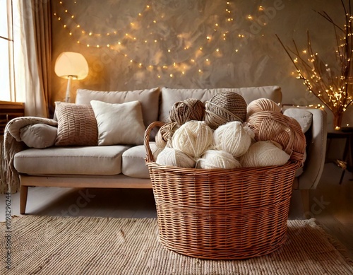 high basket of wool stash in a living room, knitting or crochet theme  photo