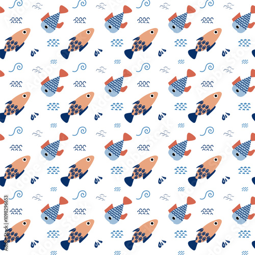 Colorful fish pattern displaying various aquatic designs on a white background suitable for fabric or wallpaper