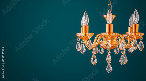 A stunning chandelier with golden accents and crystal droplets, illuminating a teal backdrop, perfect for elegant interior decor.