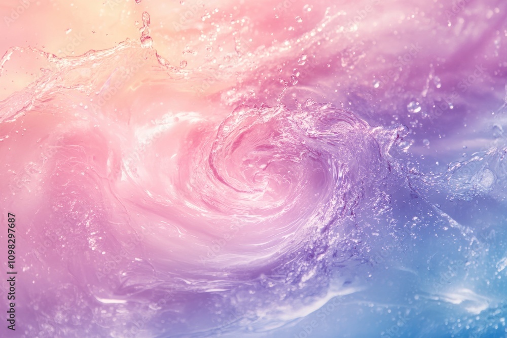 Fototapeta premium nature photography, catching a swirling water splash amidst morning dew and soft pastel skies, providing a serene backdrop and space for text